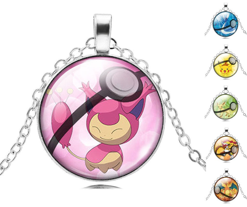 Fashion Pokemon Ball Necklaces Glass Bottle Pokemon Jewelry Silver Plated